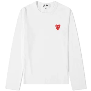 COMME DES GARCONS PLAY LONG SLEEVE OVERLAPPING HEART WHITE & RED